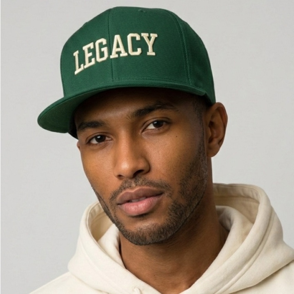 LEGACY—Snapback Hat Forest Green & Cream Embroidered Cap Unisex Adjustable